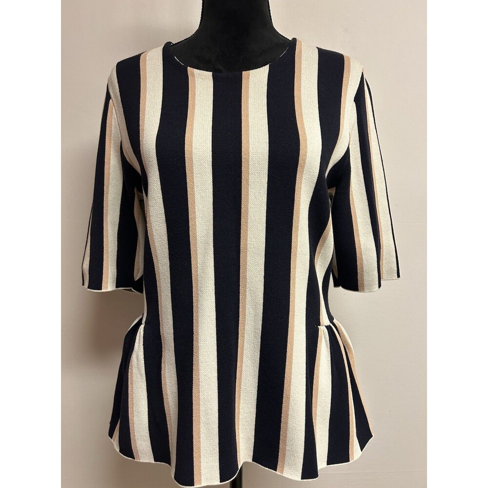 Ann Taylor Womens  Sz L Sweater Top Peplum Vertical Stripe Round Neck Pullover